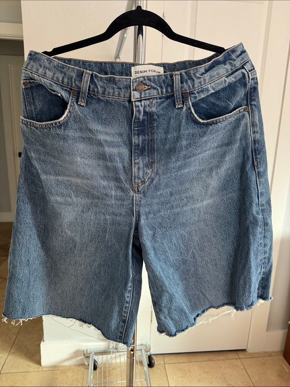 Aritzia Medium Blue Frayed Hem Denim Shorts